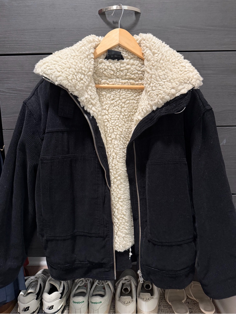BDG Black Corduroy Utility Jacket with Cream Sherpa Lining